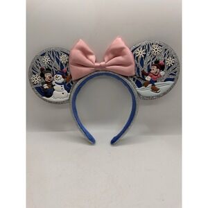 Disney Parks 2023 Christmas Mickey Minnie Snowman Glitter Ear Headband Pink Bow